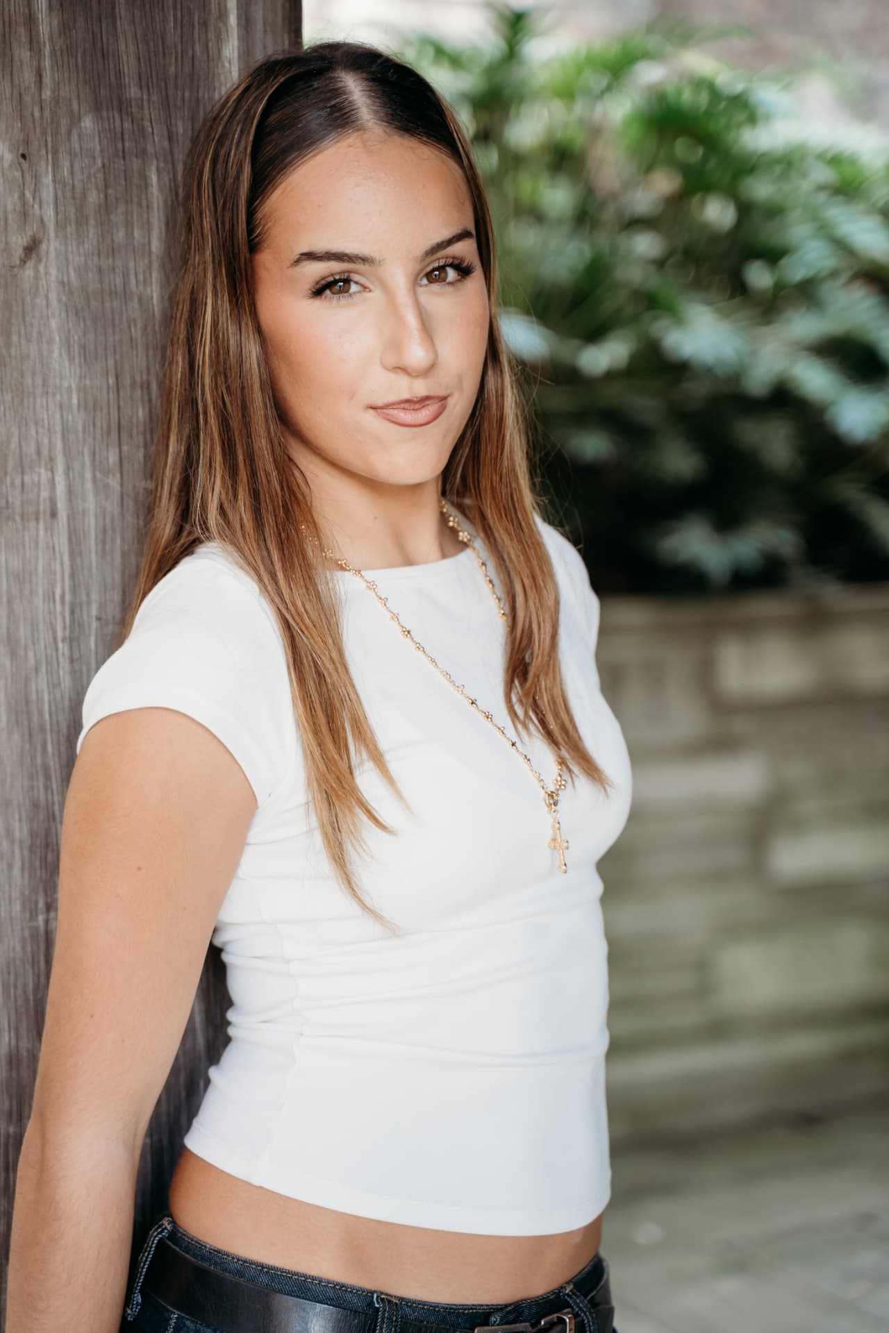 Summer-Rihana editorial — White tee · gold rosary